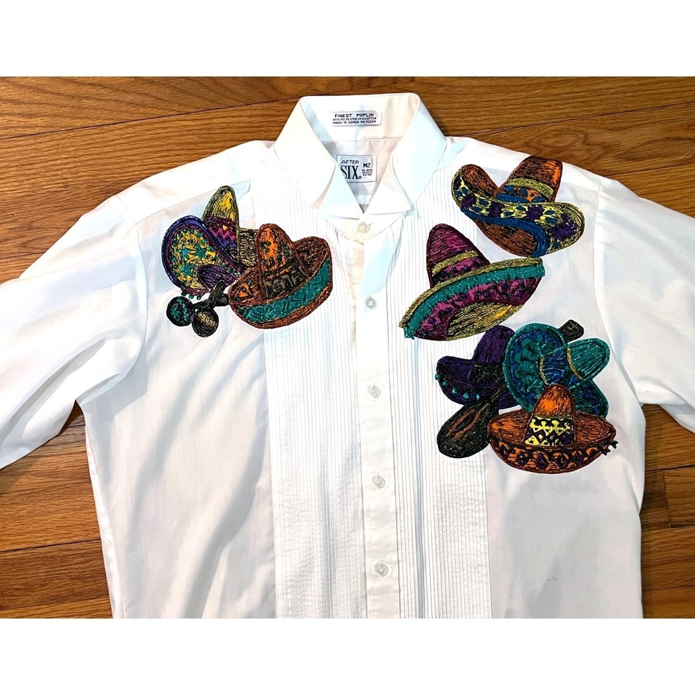 Vintage After Six Mexican Sombrero Decorated Tuxedo Shirt 15-15.5 31/32 Women M